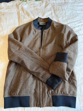 Balenciaga Brown Herringbone Zip-Up Bomber with Black Trim
